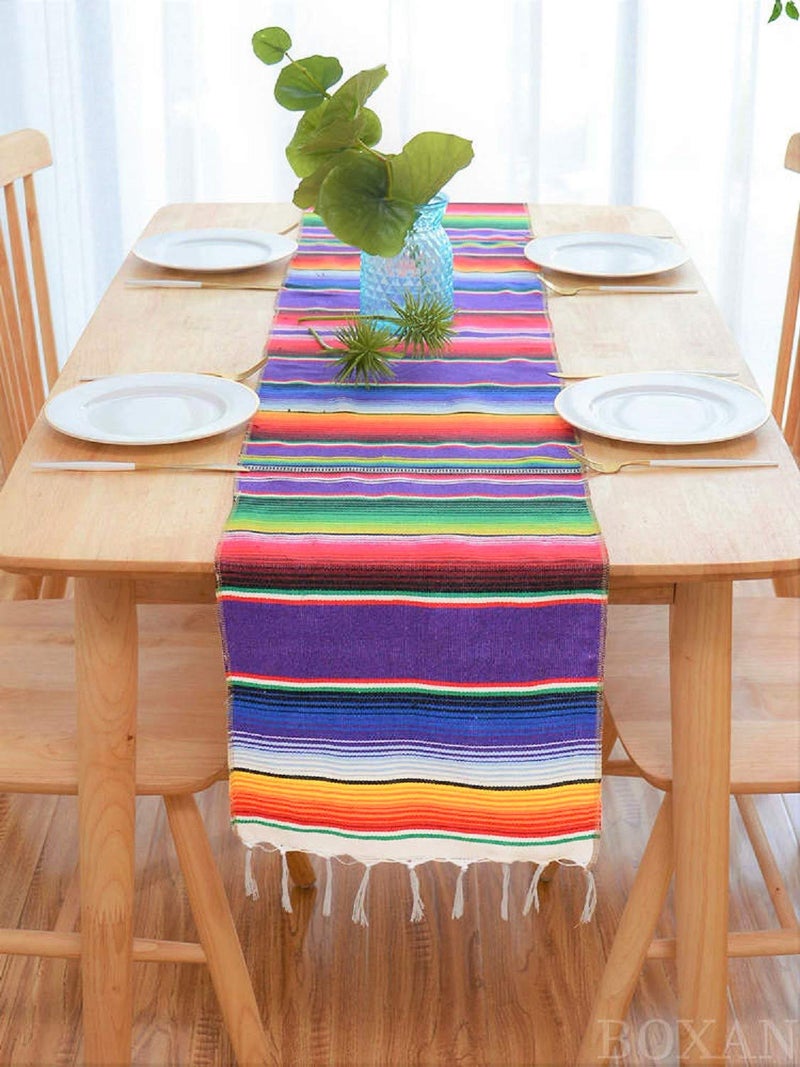 BOXAN Mexican Serape Table Runner for Mexican Party Wedding Decorations Outdoor Picnics Dining Table, Fringe Cotton Blanket Fiesta Table Runners, 14 x 84 Inch - Image 3